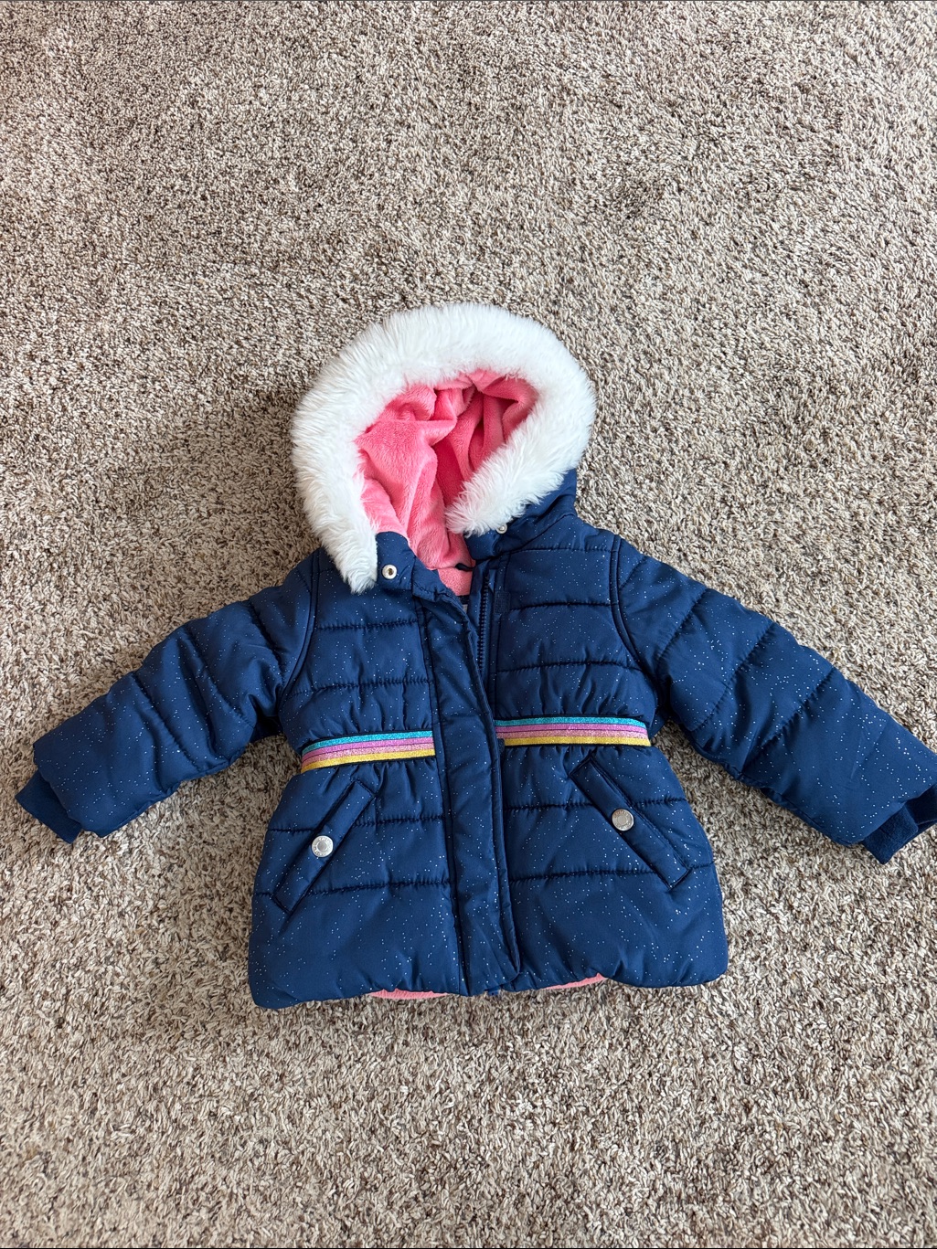Girls Navy Puffer Coat With Pink Hood Lining